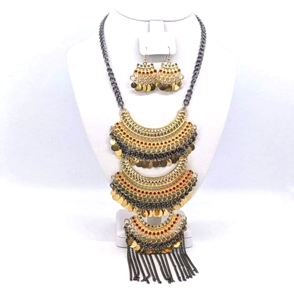 Bohemian Tribal Jewelry Set: Multi-Strand Coin Necklace & Earrings - Picture 4 of 10